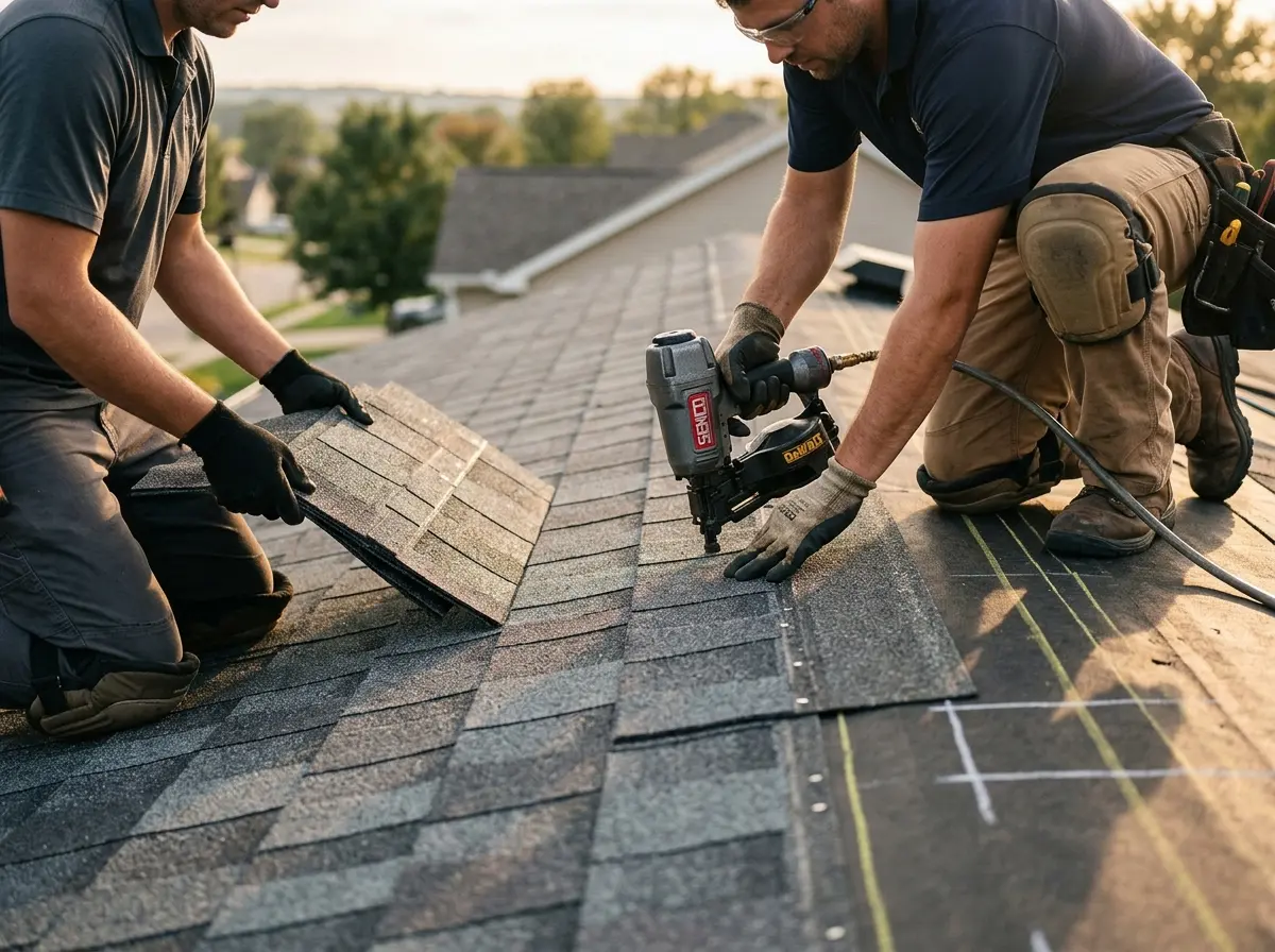 Professional roofer working on a residential roof in Maurice River